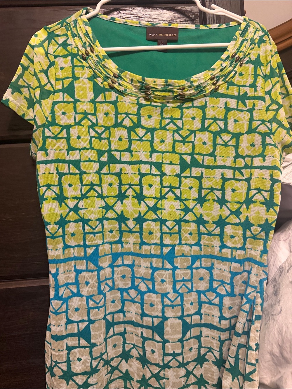 Dana Buchman Green Teal & Yellow Geometric Short-Sleeve Top